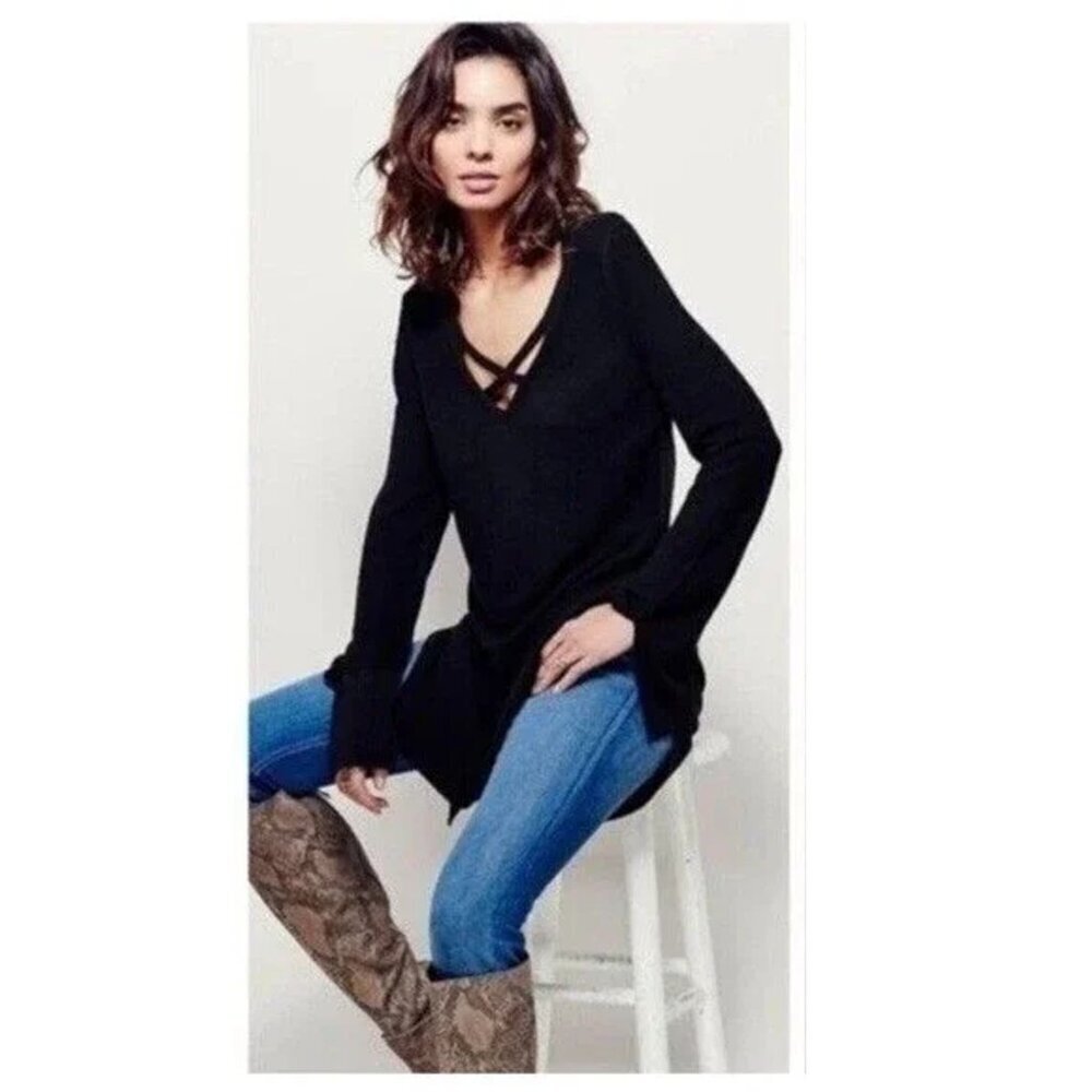 Free People Crisscross Black Tunic Sweater Size S